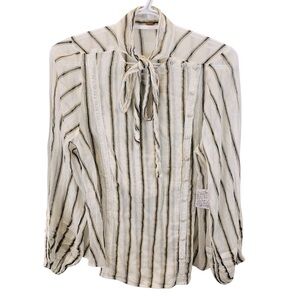 NWT Free People sz M Bow Collar Ivory Blue Semi-Sheer Striped Cotton Blouse